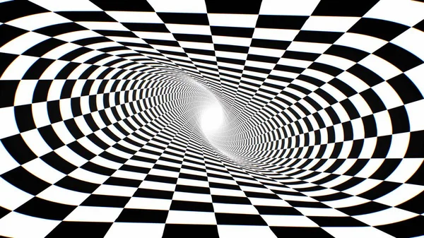 Binnenkant Twisted Black White Checkerboard Optische Illusie Tunnel Abstracte Achtergrond — Stockfoto