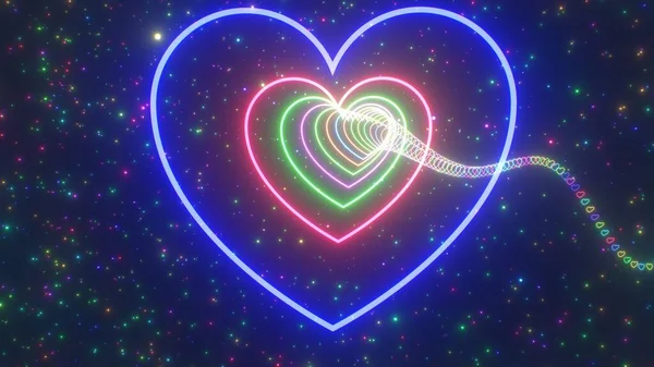 Zoom Gyors Keresztül Sokszínű Fényes Neon Izzó Szív Alagút Űrben — Stock Fotó