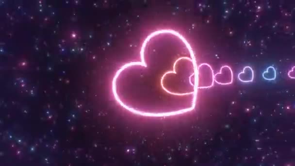 Flying Rings Neon Glowing Pink Blue Hearts Space Seamless Loop — Stock video