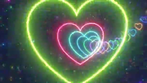 Zoom Fast Multicolored Bright Neon Glow Heart Tunnel Space Zökkenőmentes — Stock videók