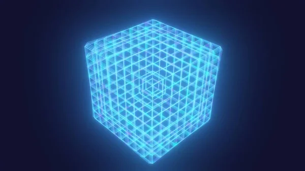 Retro Synthwave 80S Arcade Glowing Neon Cubic Wireframe Cube Spins — Stock Photo, Image