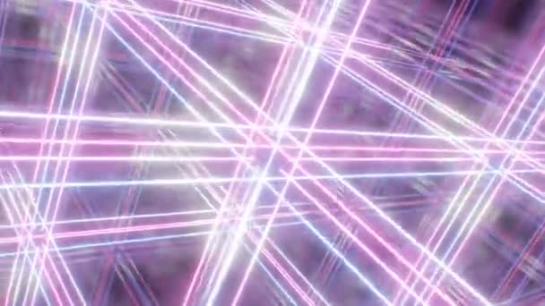 Flying Cubic Mirror Room Met Gloeiende Neon Laser Bundel Pilaren — Stockvideo