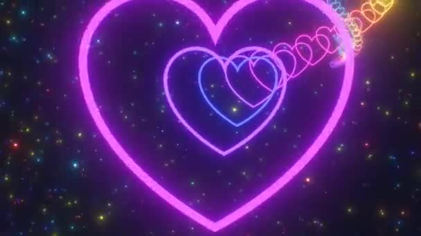 Neon Glow Rainbow Heart Wave Tunnel Floating Deep Outer Space — Αρχείο Βίντεο
