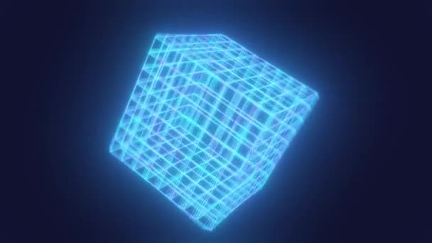 Retro Synthwave 80S Arcade Glowing Neon Cubic Wireframe Cube Spins — Stock Video