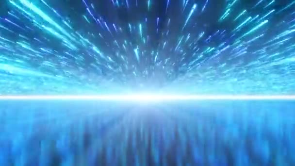 美しい反射湖を超えた光速で飛ぶ射撃星 4KシームレスVjループモーション背景アニメーション — ストック動画