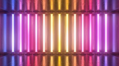Parlak Parlak Neon Lazer Tüpleri Karanlık Metal Yansıma Odasını Aydınlat - Soyut Arkaplan Dokusu