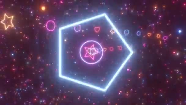 Flying Neon Glow Geometrický Tvar Tunel Floating Sparkle Stars Seamless — Stock video