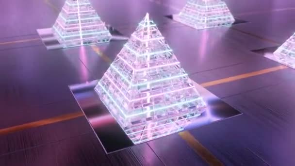 Piramide Traslucida Cristallo Vetro Futuristico Con Linee Laser Neon Animazione — Video Stock