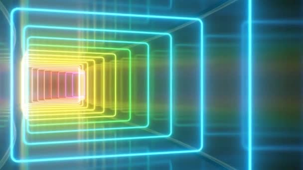 Binnenkant Rainbow Glow Neon Square Reflecterende Gebogen Tunnelgang Naadloze Loop — Stockvideo