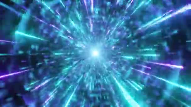Neon Glödande Skytte Stjärnor Flyga Med Ljus Hastighet Reflektionscylinder Sömlös — Stockvideo