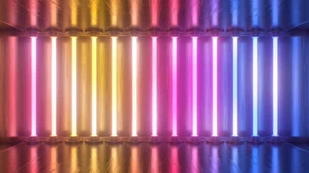 Λαμπερό Λαμπερό Νέον Laser Tubes Illuminate Dark Metal Reflection Room — Αρχείο Βίντεο