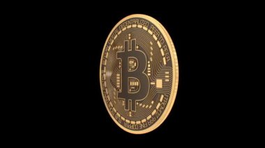 Bitcoin Kripto Birimi Parlak Altın Para Siyah Arkaplanda Dönüyor - 4K Kusursuz VJ Döngüsü Hareketi Arkaplan Canlandırması