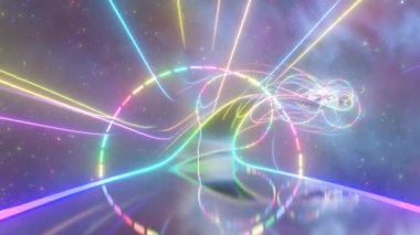 Parlak Neon Yansımaları ile 3D Gökkuşağı Yolu Uzayda Uçun - 4K Kusursuz VJ Döngü Hareketi Arkaplan Canlandırması