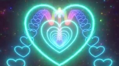 Gökkuşağından uç Neon Parlayan Üçlü Kalp Sonsuz Dalgalar 3D Tünel - 4K Kusursuz VJ Döngüsüz Arkaplan Animasyonu