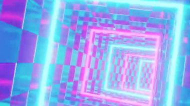 İçeriden Uçan Yansıtıcı Pembe ve Mavi Buhar Dalgası Neon Meydanı Tüneli - 4K Kusursuz VJ Döngüsü Arkaplan Animasyonu