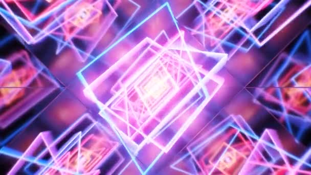Astratto Neon Incandescente Quadrati Anelli Galleggianti Nella Stanza Specchio Riflessione — Video Stock
