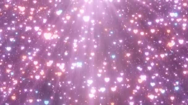 Mooie Roze Harten Glinsterende Licht Straal Vonken Regen Naar Beneden — Stockvideo