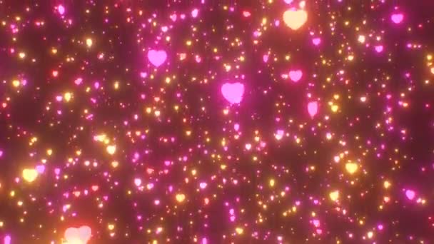 Vallende Neon Gloeiende Roze Oranje Liefde Harten Regen Langzaam Naar — Stockvideo