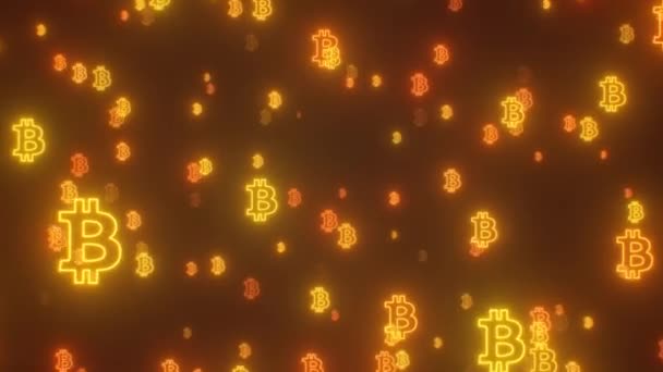 Fliegen Sie Durch Helle Goldene Neon Glühende Bitcoin Btc Logo — Stockvideo