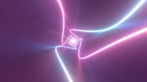 Voando Dentro Túnel Quadrado Iluminado Por Neon Brilhante Ultravioleta Seamless — Vídeo de Stock