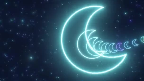 Glowing Blue Neon Tunnel Crescent Moon Shapes Twinkle Stars Seamless — Stock Video