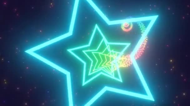 Avançando Lentamente Espiral Neon Brilhante Estrela Forma Túnel Luzes Seamless — Vídeo de Stock