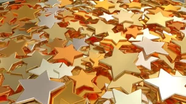 Pilha Rotativa Ouro Brilhante Estrela Forma Metal Tokens Refletindo Luz — Vídeo de Stock