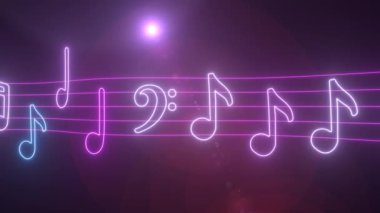 Parlayan Müzik Notaları Dalgalı Müzikal Puan Çizgileri Melodisi Boyunca Taşı - 4K Kusursuz VJ Döngü Hareketi Arkaplan Animasyonu