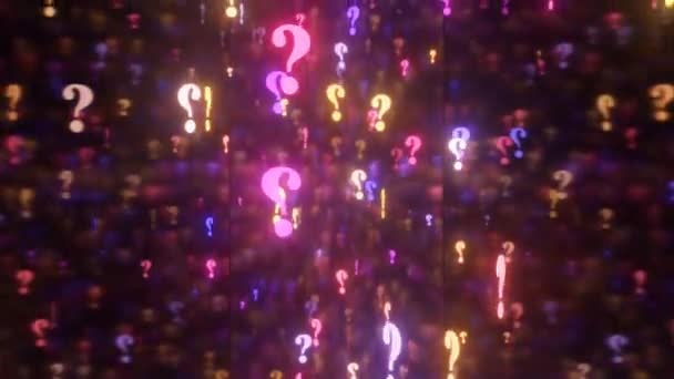 Vallende Vraag Mark Symbolen Neon Glow Rotating Mystery Concept Naadloze — Stockvideo