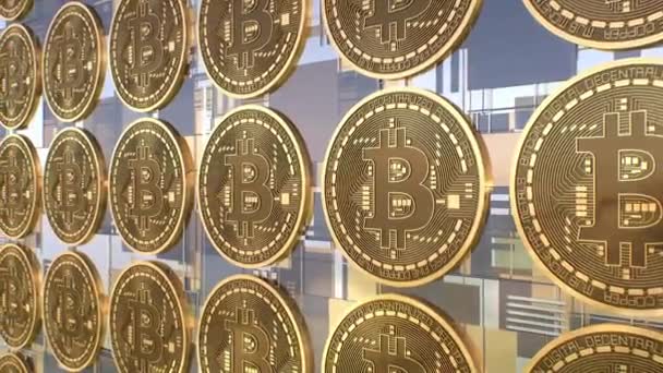 Grid Array Van Bitcoin Golden Shiny Metallic Munten Langzaam Bewegende — Stockvideo
