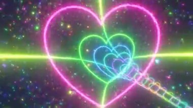 Gökkuşağı Neon Parlayan Parlak Kalp Parlak Yıldızlı Tünel - 4K Kusursuz VJ Döngüsüz Arka plan Animasyonu