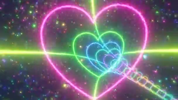Rainbow Neon Glödande Ljusa Hjärta Ljus Tunnel Med Gnistrande Stjärnor — Stockvideo