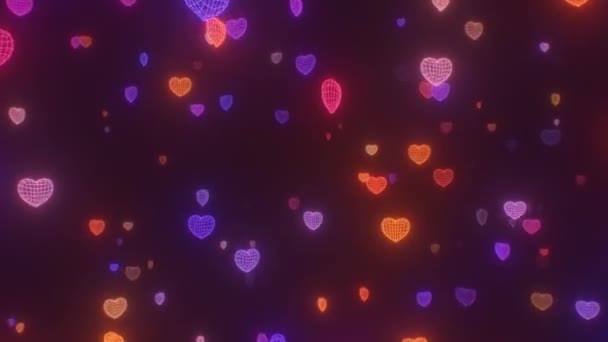 Retro Neon Glowing Warm Grid Wireframe Herzformen Fliegen Auf Kamera — Stockvideo