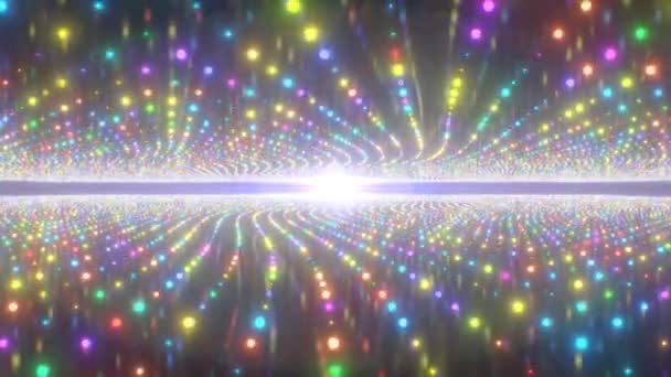 Ondeggianti Luci Neon Arcobaleno Incandescente Galleggianti Sopra Superficie Riflettente Seamless — Video Stock