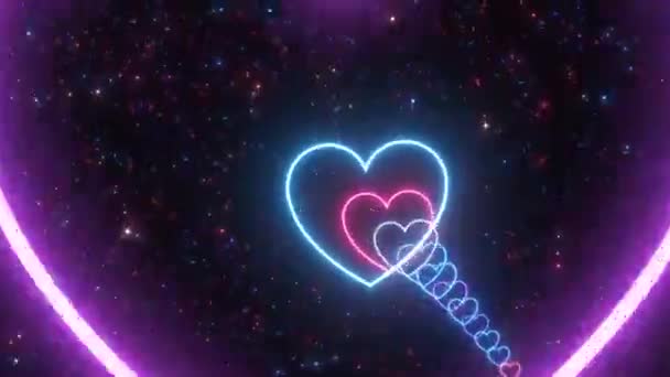 Wild Zoom Gyors Neon Hullámvasút Világító Szív Alakú Gyűrűk Űrben — Stock videók