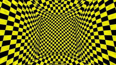 Trippy Psychedelic Yellow ve Black 3D Checkerboard Bozulma Odası - Soyut Arkaplan Dokusu