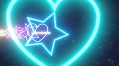 Sonu gelmeyen gökkuşağı Neon Parlak Kalp ve Yıldız Şekilleri Tüneli - 4K Kusursuz VJ Döngü Döngüsü Animasyonu