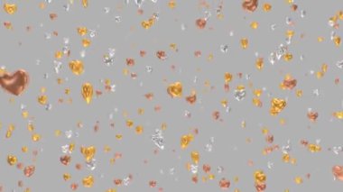 Parlak Altın Gümüş ve Bronz Kalp Süslemeleri Yavaş Çekimde Düşüyor - 4K Kusursuz VJ Döngüsüz VJ Döngüsü Arkaplan Animasyonu