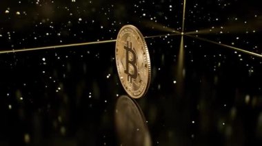 Parlak Dönen Bitcoin Altın Parlayan Parlak Parçacıklar Dijital Para Konsepti - 4K Kusursuz VJ Döngüsüz VJ Hareketi Arkaplan Animasyonu