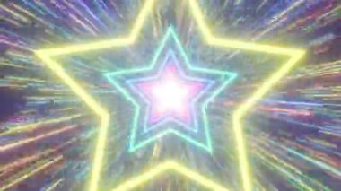 Kayan Yıldızlar Yıldız Şeklinde Uçuyor Neon Parlayan Gökkuşağı Tüneli - 4K Kusursuz VJ Döngüsüz Arkaplan Animasyonu