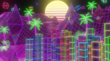 Buhar Dalgası Neon Manzarası Palm Trees Retro Sun ve 3D Octahedrons - 4K Kusursuz VJ Döngüsüz Arkaplan Animasyonu