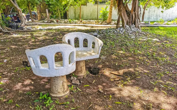 Artfully curved stone bench in the city park in Playa del Carmen Quintana Roo Mexico.