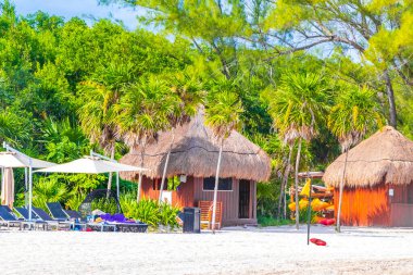 Playa del Carmen Meksika 'daki tropik Meksika plajındaki sahil otelindeki şemsiyeler ve güneş panzeleri..