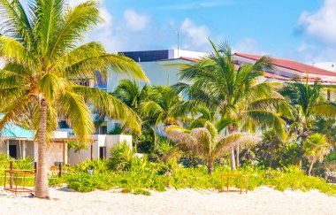 Playa del Carmen Meksika 'daki tropik Meksika plajındaki sahil otelindeki şemsiyeler ve güneş panzeleri..