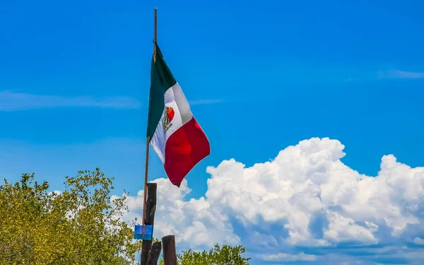 墨西哥金塔纳罗奥岛美丽的霍尔盒岛上挂着墨西哥绿白的红旗 棕榈树丛生 — 图库照片