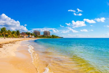 Playa del Carmen Meksika 'da turkuvaz mavisi berrak sulara sahip tropik Meksika Karayip sahili manzarası..