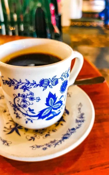 Blue White Cup Pot Black Coffee Americano Wooden Table Cafecito — Stock Photo, Image