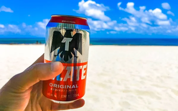 Beber Una Lata Cerveza Fría Tecate Rojo Playa Paraíso Playa — Foto de Stock