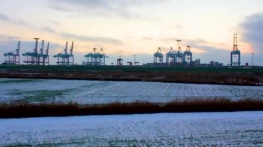 Endüstriyel vinçler ve konteynır limanı güzel otlaklar ve dike doğa deniz manzaralı Weddewarden Bremerhaven Bremen Almanya 'sında.