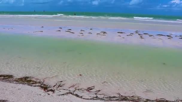Panorama Landscape View Beautiful Holbox Island Sandbank Beach Waves Turquoise — стоковое видео